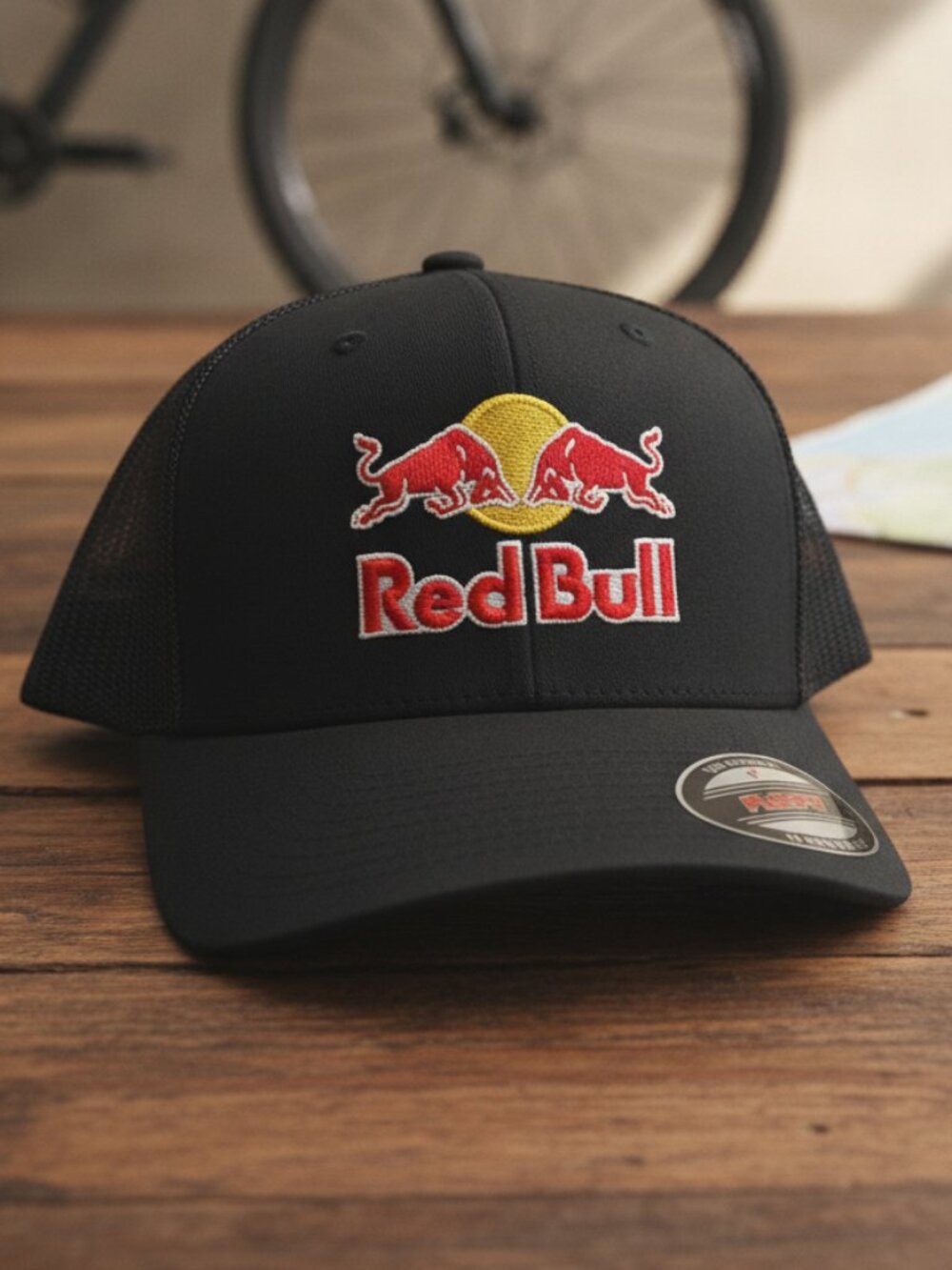 Red Bull Racing Logo Embroidered Black Flexfit Fitted Trucker Hat L XL New MX US